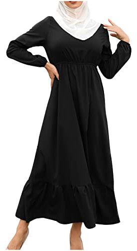 Muslim Dresses for Women Frauen Sommerkleid muslimischen Reißverschluss solide Lange Ärmel Kleid Sommerkleider Muslimisches Kleid mit einfarbigem Reißverschluss und Langen Ärmeln Hijab JS2