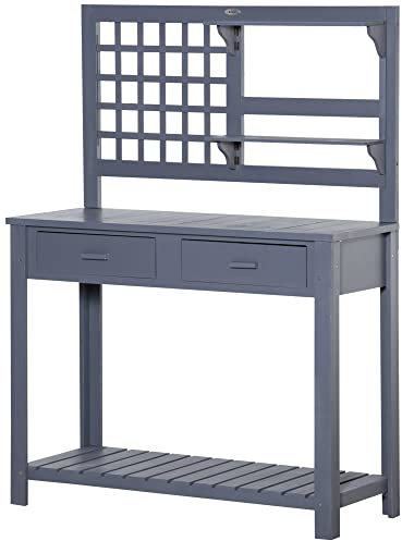 Outsunny Pflanztisch mit 2 Schubladen Ablagen Holzpflanztisch aus Holz Gitterwand Gärtnertisch für Garten Terrasse Grau 105 x 42 x 141,5 cm