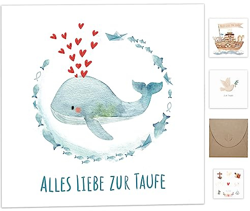 Taufgeschenke für Jungen Mädchen Patenkind,Karte Taufe mit Umschlag aus Kraftpapier,Hochwertig Taufkarten mit Taufe Sticker Deko,Glückwunschkarten zur Taufe Geschenk Taufe Klappkarte mit Wal tanzende