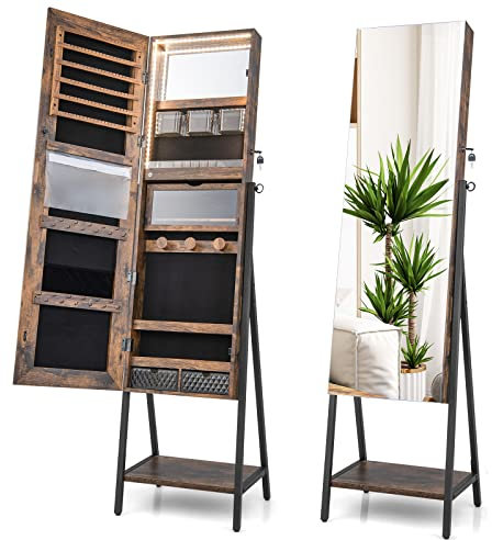 COSTWAY Schmuckschrank mit Spiegel, Schmuck Spiegelschrank mit 3-farbigen LED Beleuchtung, abschließbar, Extra Ablage, 41,5 x 37 x 157 cm (Rustikales Braun)
