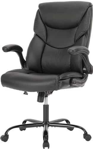 Ergonomischer Bürostuhl PU-Leder Schreibtischstuhl mit hochklappbaren Armlehnen hoher Rücken Bürostuhl höhenverstellbarer Computerstuhl Ergonomischer Stuhl drehbarer Arbeitsstuhl, Schwarz