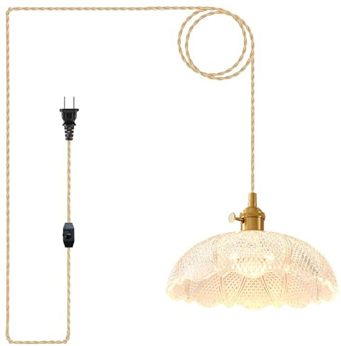 Oyisen Hanging Lamp Plug in,Braided Adjustable 14Ft Light Cord Plug in Pendant Light 9.8 Inch Glass Lampshade Hanging Ceiling Light Kitchen Island On/Off Switch Hanging Lights
