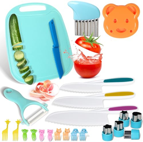 FIRITHYC Kinder-Küchenmesser-Set,Sicherheit Küchenmesser für echtes Kochen,nthalten gezackte Kanten Kunststoff Kleinkind Messer, Schneidebrett, Tier Obst Zahnstocher (Blau)