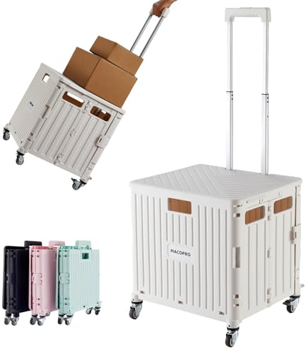 MACOPRO Vikbar verktygsvagn, bärbar rulllåda, handvagn, shoppingvagn, hopfällbar verktygslåda, med lock, korg på 4 roterande hjul, för mataffär, shopping, kontor, förvaring, lärare (vit)