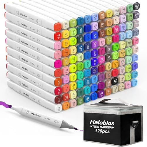 Halobios 120 Farben Alkohol Marker Set, Alcohol Twinmarker, Meißel & Feine Verdoppelt Spitzt Alkohol Permanenter Marker Stifte mit Anti-Seepage Abstandshaltern für Manga, Design, Malerei, Zeichnung