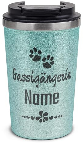 Tassendruck Glitzer To-Go Thermobecher mit Name personalisiert Gassigängerin Geschenk für Hundebesitzer, Hundemama | Nachhaltig, Edelstahl doppelwandig, inkl. Deckel, Blau, 350 ml