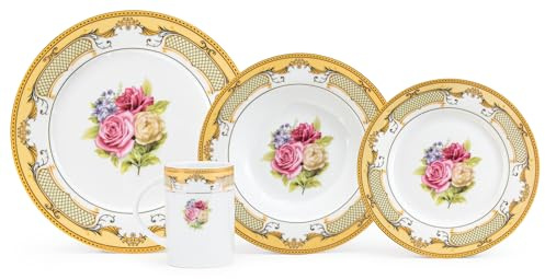 Service de table 4 pièces en porcelaine vintage avec tasse pour un usage quotidien ou des occasions formelles Blanc et doré