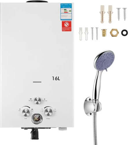 Gas Durchlauferhitzer 16Liter Outdoor Tragbarer Gas-Wassererhitzer Propan-Durchlauferhitzer mit Digitalanzeige, mit Galvanisierter Duschkopf, Mehrfachschutz für Campingausflüge Bootshaus (16L 32KW)
