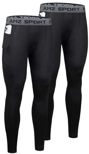 AMZSPORT 2er Pack Herren Kompressionshose, Lange Atmungsaktive Laufhose, Sport Leggings Tights für Training, Fitness, Gym, Radfahren und Basketball