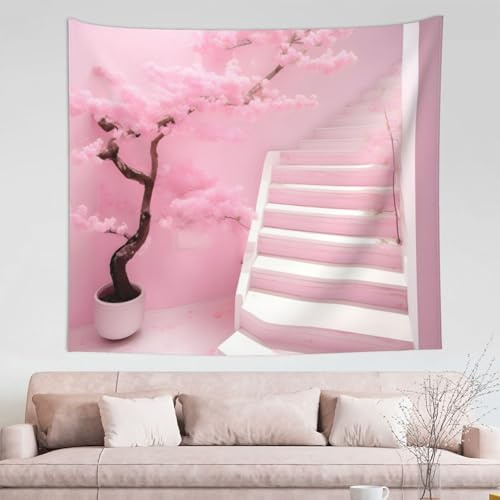 DQXYCTXC Arazzo bianco della scala dei fiori di ciliegio 152x130 pollici Decorazione della casa, pregevole fattura, modello alla moda, aggiunge atmosfera artistica alla tua casa.