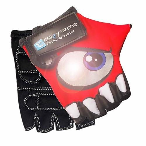 Crazy Safety Guantes de Bicicleta Rojos para Niños | Ojos Reflectantes y Protección de Palmas Acolchadas | Talla Pequeña | Ideales para Ciclismo, Patinetes y Actividades al Aire Libre