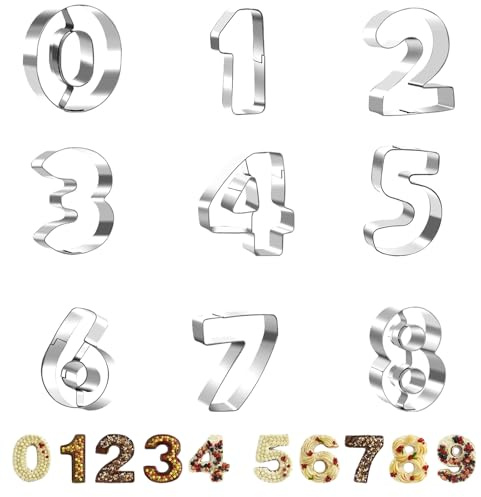 MAEXUS Lot de 9 emporte-pièces en forme de chiffres - En acier inoxydable - Forme numérique de 0 à 9 - Lavable et réutilisable - Pour la cuisson maison, les biscuits, les décorations de gâteaux