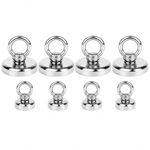 8 Stück Neodym Magnete Extra Stark 4×20mm 15 kg & 4× 32mm 35 kg Groß Magnetfischen, Magnethaken, Super Starker Angelmagnet mit Heberinge und Schrauben Loch für Geeignet Magnet Fischen Wasser
