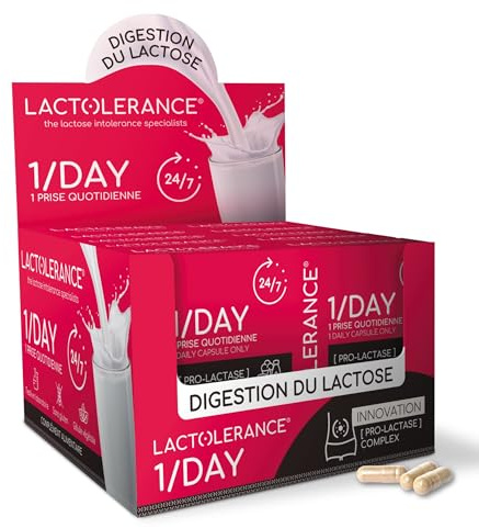 LACTOLERANCE 1/DAY Laktase-Vorstufe, Milchsäurebakterien, 24h, 360 Kapseln | Nur 1 Kapsel pro Tag. 24-Stunden-Schutz. Geeignet bei Laktoseintoleranz. Unterstützt die Laktoseverdauung. Probiotika.