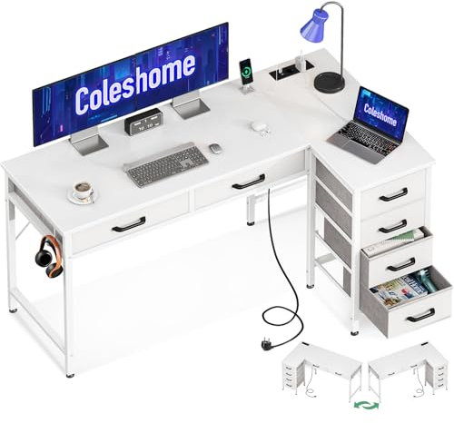 Coleshome Eckschreibtisch mit 6 Schubladen, Schreibtisch L Form mit Steckdose, Weiß PC Tisch und Computertisch mit Stauraum, Umkehrbarer Bürotisch fürs Schlafzimmer mit Haken, 126x80 cm