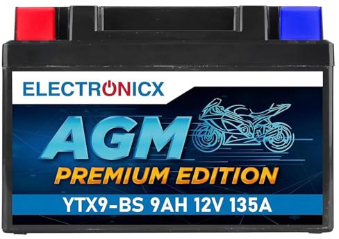 Electronicx AGM Premium Edition YTX9-BS 12V 9Ah motorcykelbatteri – underhållsfritt startbatteri, förseglat & läckagesäkert, 135A hög prestanda för motorcykel, fyrhjuling, ATV & powersport