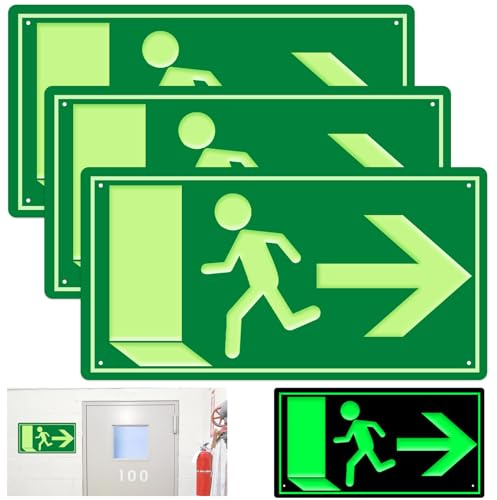 WwuHua Notausgangsschild Nachleuchtend,3 Stück Fluchtwegschilder，300x150mm Exit Sign，Hinweisschild für Schulen, Krankenhäuser, Einkaufszentren, Bürogebäude (grüner-Nach Rechts)