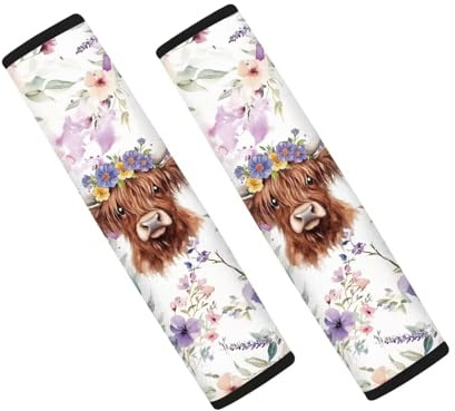 Wanyint Highland Cow Floral Violet 2 Pieces Car Seat Belt Pads Comfort Harness Pads Protect Shoulder Neck Padding for Women Men Travel Cushion Seat Belt Covers