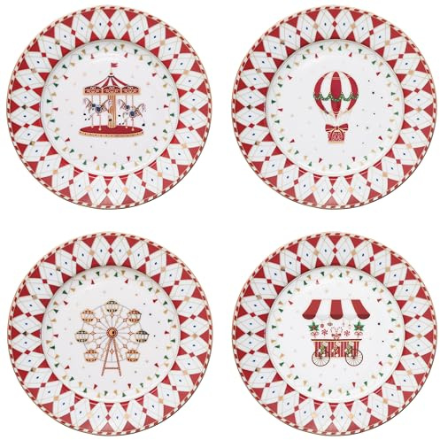 MamboCat Lot de 4 assiettes à gâteau Christmas Wonderland avec coffret cadeau I Ø 19,2 cm I Assiettes à petit-déjeuner en porcelaine avec différentes décorations de Noël pour 4 personnes I Service
