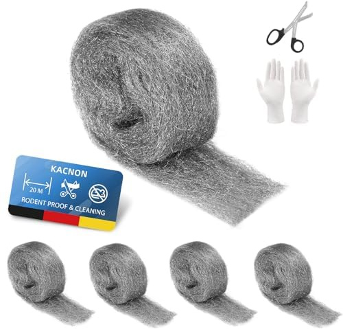 KACNON 2# Lot de 5 rouleaux de laine d'acier 20 m contre les souris, avec gants et ciseaux, laine d'acier inoxydable fine contre les rongeurs, pour trous et fissures murales, maison, garage et jardin