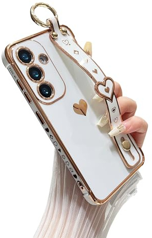 DEFBSC for Samsung Galaxy S25/S24 Case with Wrist Strap,White | Cute Side Love Heart Plating Edge with Wristband Finger Holder Stand Soft TPU Back Shockproof Phone Cover,Reinforced Corners