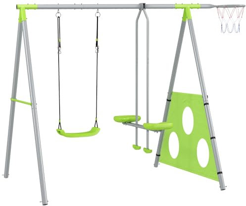 AIYAPLAY 4 in 1 Schaukelgestell Outdoor Schaukelgerüst mit Schaukel, 2-Personen-Gleitbahn, Fußballtor, Basketballkorb, Gartenschaukel Kinderschaukel mit Metallgestell für Kinder