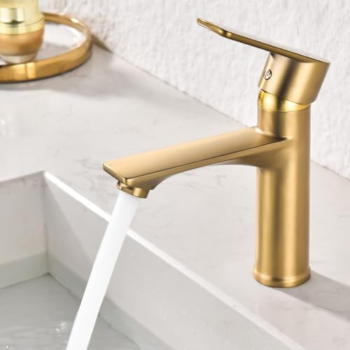 HOMELODY Wasserhahn Bad Gold Bleifreie Sicherheit Mischbatterie Waschbecken | Auslaufhöhe 128 mm Einhebel Armatur Badezimmer mit Abnehmbar Bubbler, für Moderne & Luxuriöse Bäder Waschtischarmatur