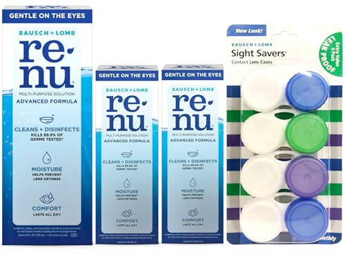 Renu Advanced Formula Multi-Purpose Solution 12 fl oz, Sight Savers Contact Lens Cases 4 Ct, and Two Renu Advanced Formula 2 fl oz Bottles