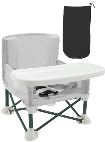 Baby Campingstuhl,Tragbare Sitzerhöhung für Kleinkinder mit Kindersicherheitsgurt und Staufach Hinten,Faltbarer Baby Bodensitz mit Abnehmbarem Esstablett für Innen und Außenbereich(grau)