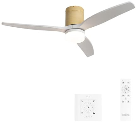 CREATE / WINDCALM M/Deckenventilator ABS mit Beleuchtung Weiße Hellesholzflügel mit Wandschalter und Fernbedienung / 40W, Leise, Ø132cm, 3 LED-Temperaturen, Timer, Sommer-Winterbetrieb