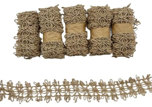 YMWALK Natural Jute Twine Ribbon, 5 Rolls 2 Meter Hessian Burlap Ribbon with Lace Jute Braid Trim Burlap Rope for Gift Wrapping,Rustic Wedding Party Decoration,DIY Crafts (Style D)
