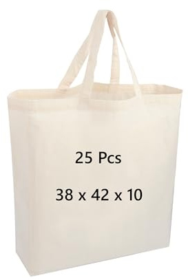 COTTON BAGS PACK OF 25 100% Cotton150 GSM 38X42X10 CM, secured short handle with double and cross stitch, Eco Friendly Shoppers, natural cotton shopping tote bags for groceries, reusable shopping bag