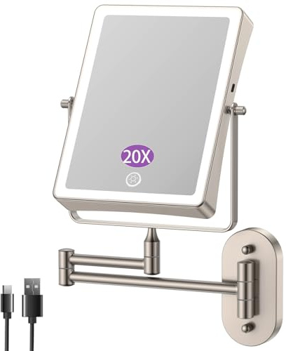 FASCINATE Wiederaufladbarer Kosmetikspiegel mit 1X/20X Vergrößerung, 3 dimmbare Lichtfarben, Touchscreen, 360° dreh schwenkbar für Wandmontage Rasierspiegel, Schminkspiegel für Badezimmer (Nickel_20X)