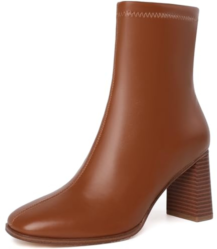 GOUPSKY Brown Ankle Boots for Women Chunky Block Heel Boots Square Toe Side Zipper Short Booties