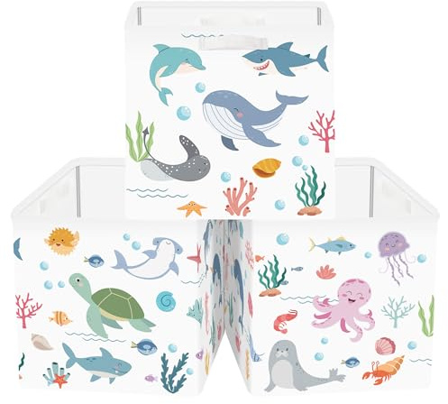 Clastyle Set di 3 Cubi Portaoggetti Ripiegabili Animali Oceano Kallax Contenitori Maniglia per Scaffale Scatole Portaoggetti Genitore per Libro Giochi,Bianco,30x30x30 cm
