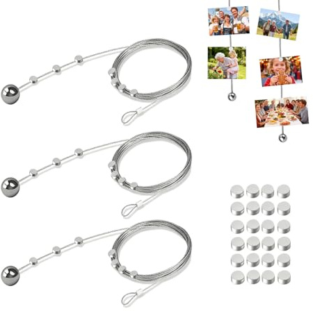 MUMUMUR 3 x 2 m x 1.5 mm Photo Wire Rope Made of Galvanised Steel, Photo Line with Clips for Hanging Pictures, Ceiling Hanging for Photos, Postcards, Garlands, Silver