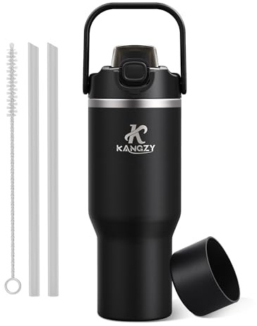 KANGZY Metal Water Bottle with Straw 1L/32oz – Vacuum Insulated Stainless Steel Flask, 2-in-1 Straw & Spout Lid, BPA-Free Leak-Proof Tumbler, Keeps Drinks Hot 8H+ / Cold 24H for Work, Travel Jet Black