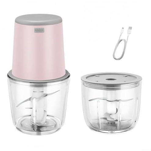 Robot de cuisine avec 2 bols, hachoir électrique avec lames, hachoir à viande pour viande, légumes, fruits et noix (rose)