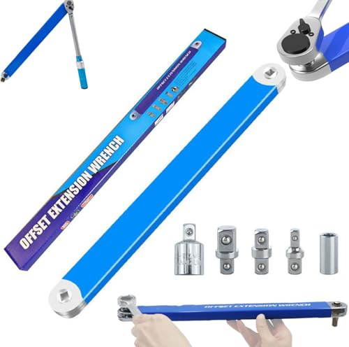Impact Ready Offset Extension Wrench, 15.4 Tight Reach Extension Wrench with 1/4,3/8,1/2 Square Drive Adapters and 1/4 Socket for Tight Spaces, Universal Socket Wrenches for Small Place