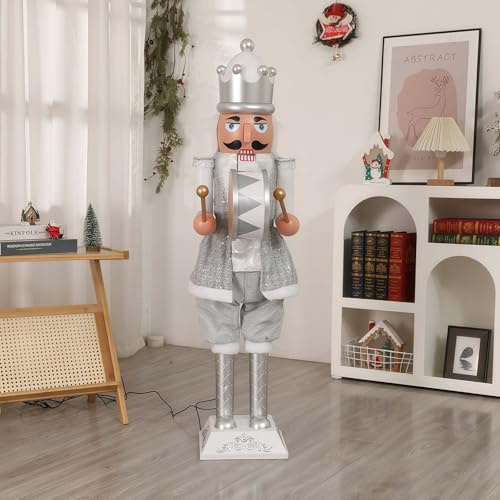 AFAGUEEUPD Adorno navideño Grande de Soldado Cascanueces de 160 cm (5,25 pies), Equipado con Luces y música, Brazo Que se balancea automáticamente para Navidad, jardín, césped o Porche. E2