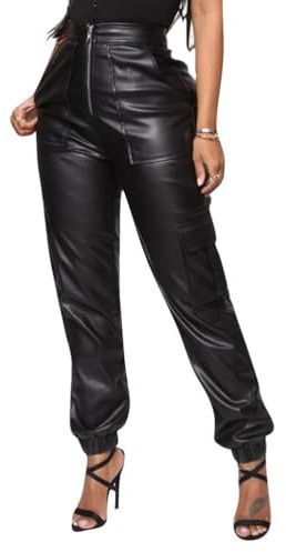 Generiska stretchbyxor för kvinnor push up effekt läderbyxor biker stretch belagda konstläderbyxor leggings knappslå läderleggings, En svart, L