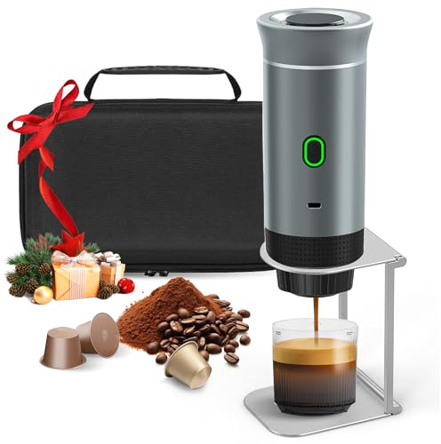 Umisu Tragbare Kaffeemaschine, 3-in-1, Espressokocher mit Ständer und Tasche, wiederaufladbarer Akku 7500 mAh, kompatibel mit Kapseln und gemahlenem Kaffee, für Reisen, Camping, Auto, Büro (Silber)