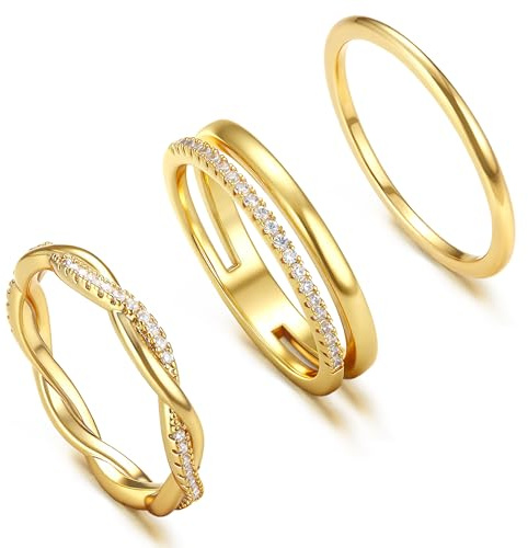 Roheafer 14 karat förgyllda ringar set 3 stycken guldringar kvinnor ring guld damer tumring förlovningsring damer fingerring storlek 49-62, 62, Koppar