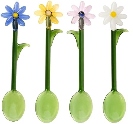 Juego de 4 cucharas de cristal de 15 cm con diseño de flores, de color transparente, con mango largo, cucharas mezcladoras de café, cucharas mezcladoras para el hogar, bar y fiestas