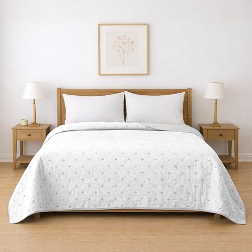 BESCH Colcha Boutis para Primavera y Verano Reversible Color Blanco y Muy Fina Ligera 240 x 250 cm - Colcha Ligera Fina Entretiempo para Cama 135-150