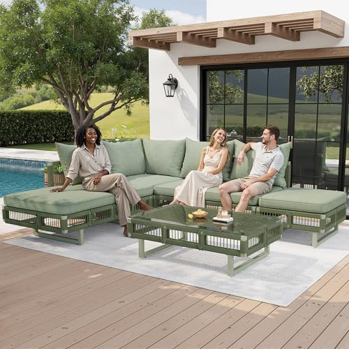 ZIDEY Outdoor-Sitzgruppe, Gartenmöbel-Set mit verstellbaren Füßen, 10cm Kissen und Glas-Couchtisch, wetterfest Loungesofa für Terrasse, Balkon, Poolbereich, Grün