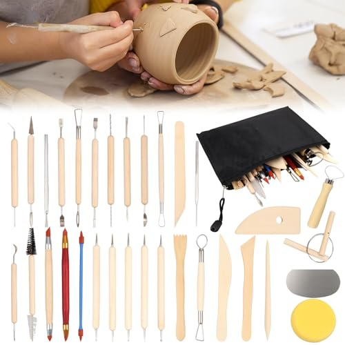 HONMINHUA 32 Stück Töpferwerkzeug Set, Modellierwerkzeug Ton, DIY Grabstichel Kit mit Werkzeugen zum Schnitzen von Keramikton, Töpferset für Kinder Anfänger Experten Kunsthandwerk