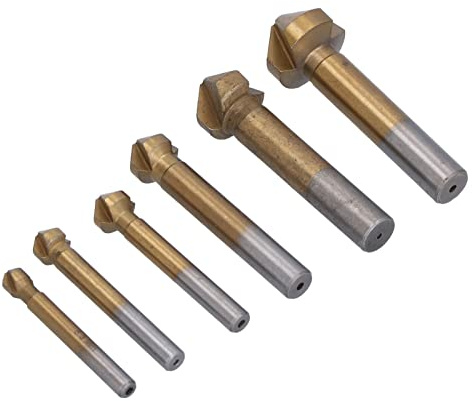 Cocoarm Juego de 6 Brocas Avellanadoras HSS Chapadas en Titanio, Biselado de 90 Grados, Fresa de Extremo, 3 Flautas para Procesamiento de Piezas de Mecanizado de Madera y Metal