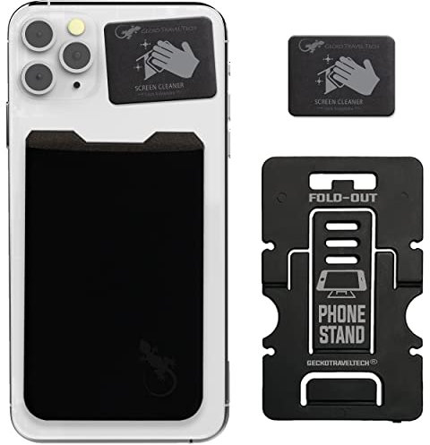 Sticky Card Holder for Phone - Mobile Phone Stand - Adhesive Card Holder - Cellphone Pouch - Stick on Spandex Pocket by Gecko - Carry Credit Cards and Cash - Black/Black