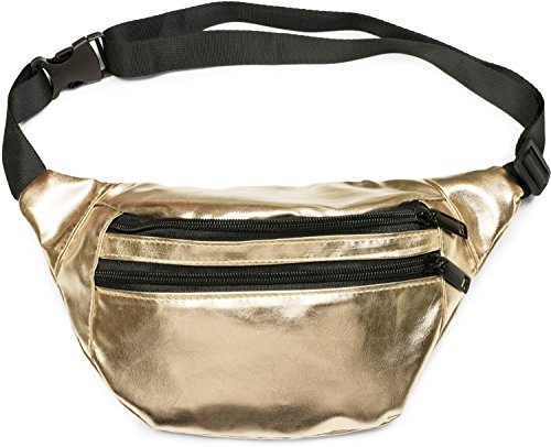 styleBREAKER Damen Bauchtasche Metallic | Gürteltasche 21x16 cm, Gold | 21x16 cm Maß, Kunstleder-Gewebe. 76-109 cm anpassbarer Gurt mit Steckschnalle. Haupt- und Frontfach mit Reißverschluss.